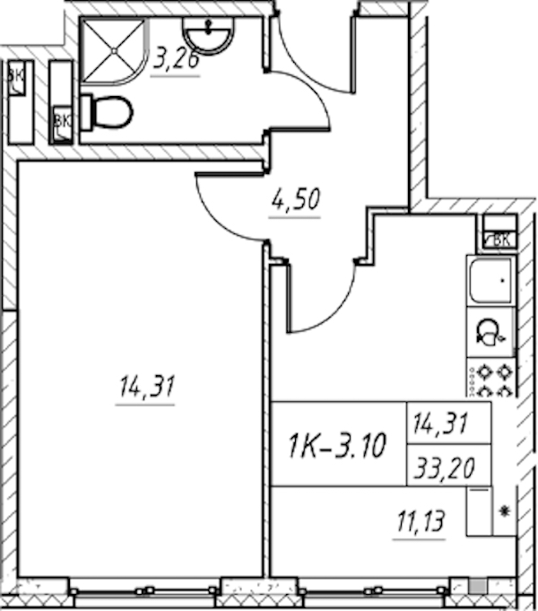 1-комнатная квартира 33.2 м², 3/11 эт., Комплекс апартаментов «Zoom на Неве»
